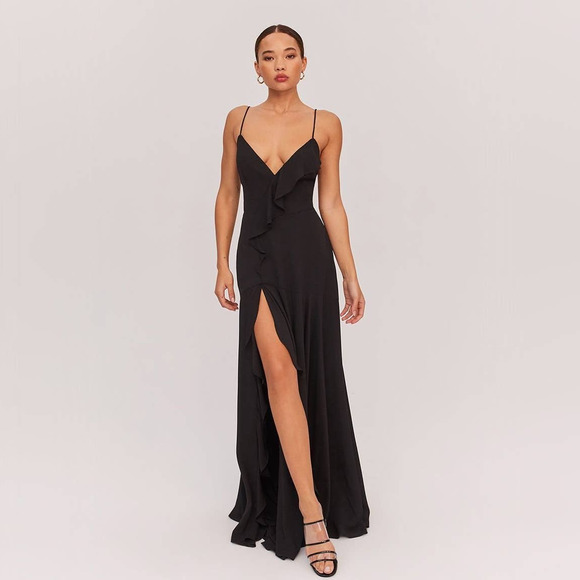 Fame and Partners Dress Women's 4 Black The Callais Maxi Ruffle Slit Lace Up - Picture 1 of 11